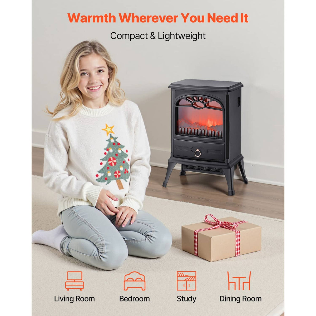 Black freestanding electric fireplace heater beside a gift box, with flame window view