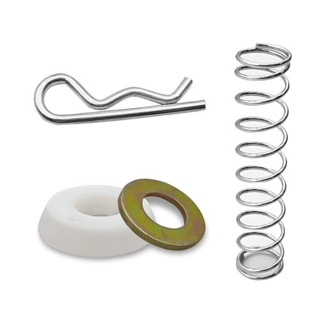 Transmission shifter repair kit components: metal linkage rod, white bushing, coil spring
