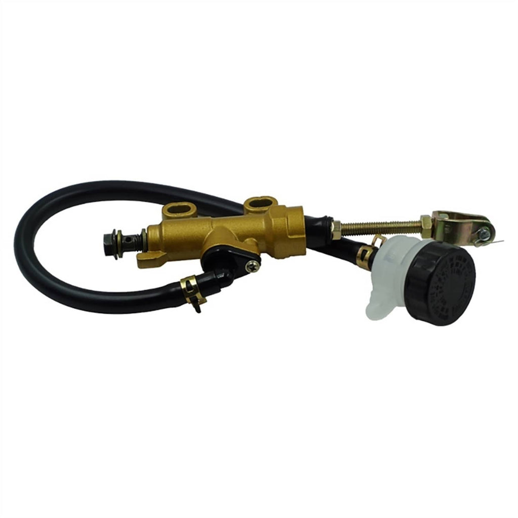 Gold rear brake master cylinder pump with black hoses, lever bracket, and round reservoir cap