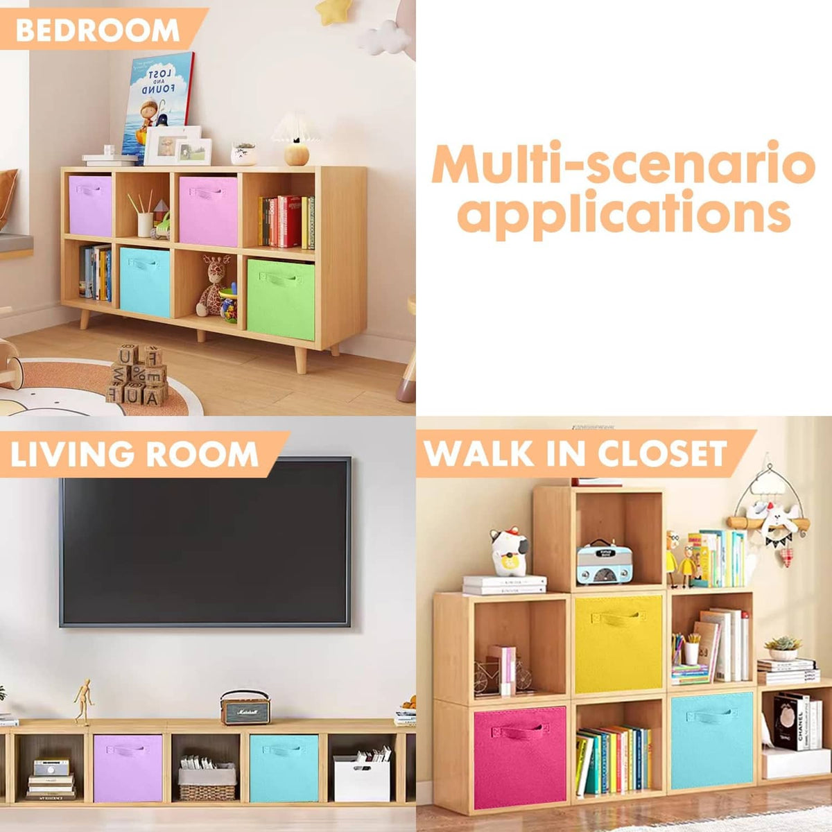 Living room storage unit with foldable fabric cube bins in multiple colors