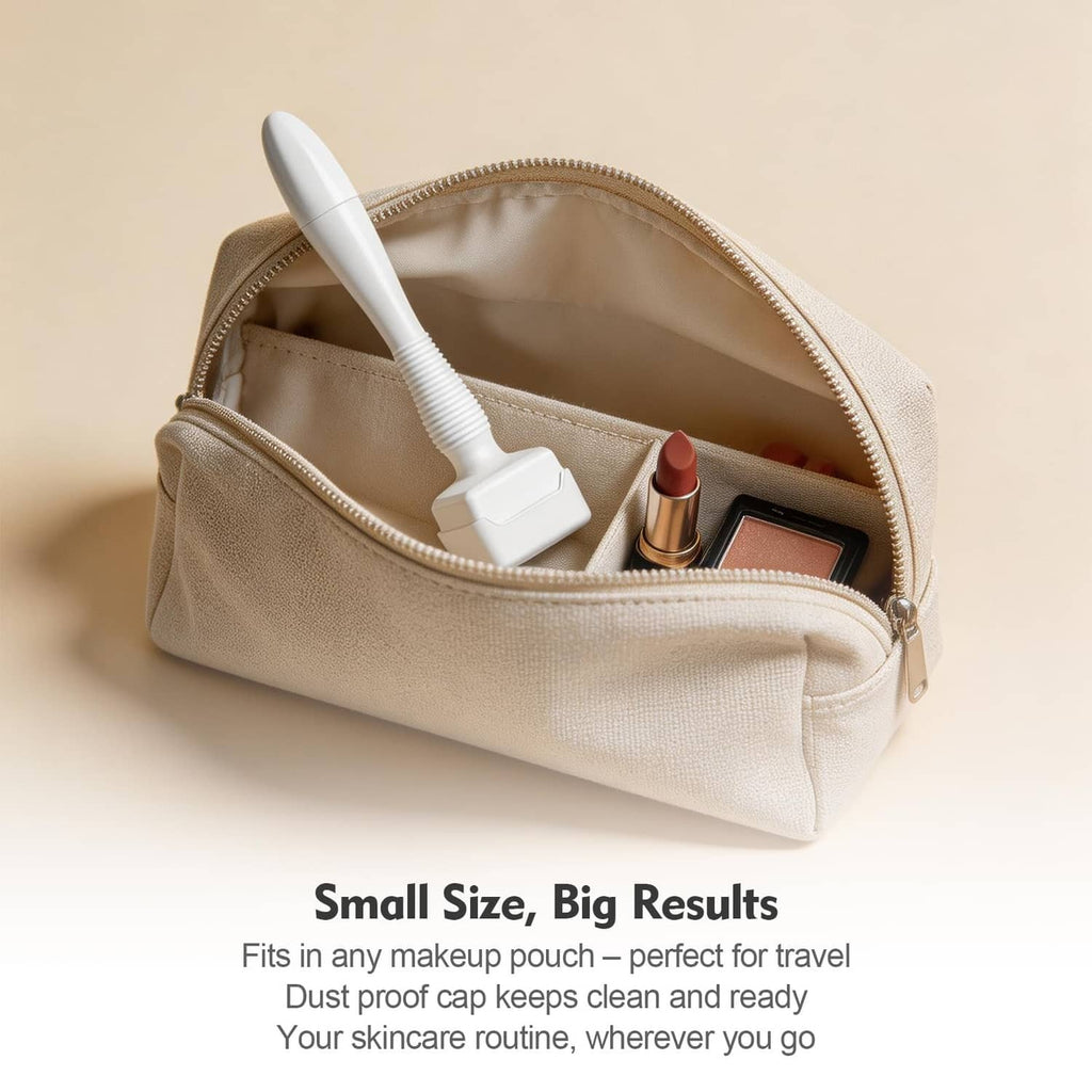 White microneedle dermastamp tool stored in a small zip case