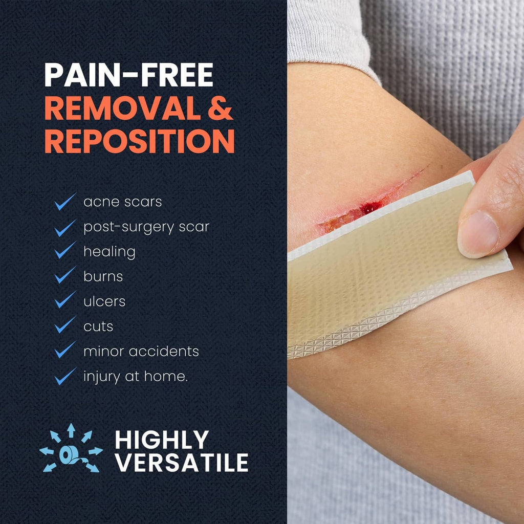 Beige silicone wound tape applied to skin with a hand pressing the edge