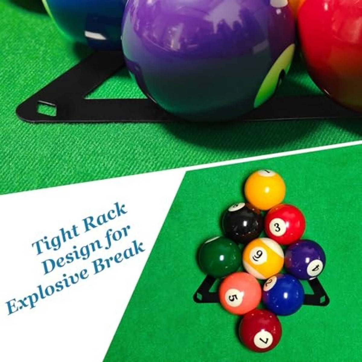 Triangular billiard ball rack on green felt beside numbered pool balls