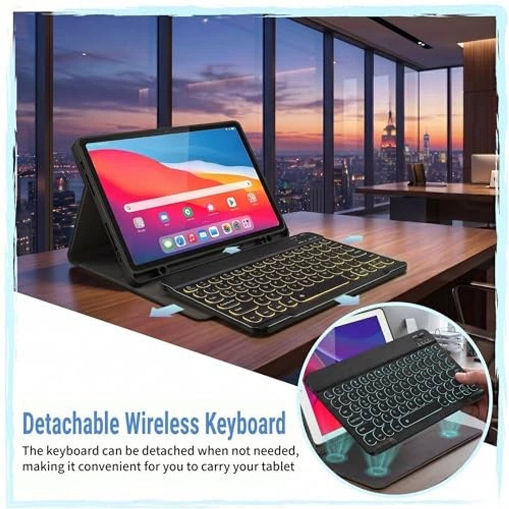 Black detachable backlit keyboard case on a table stand with visible keyboard keys