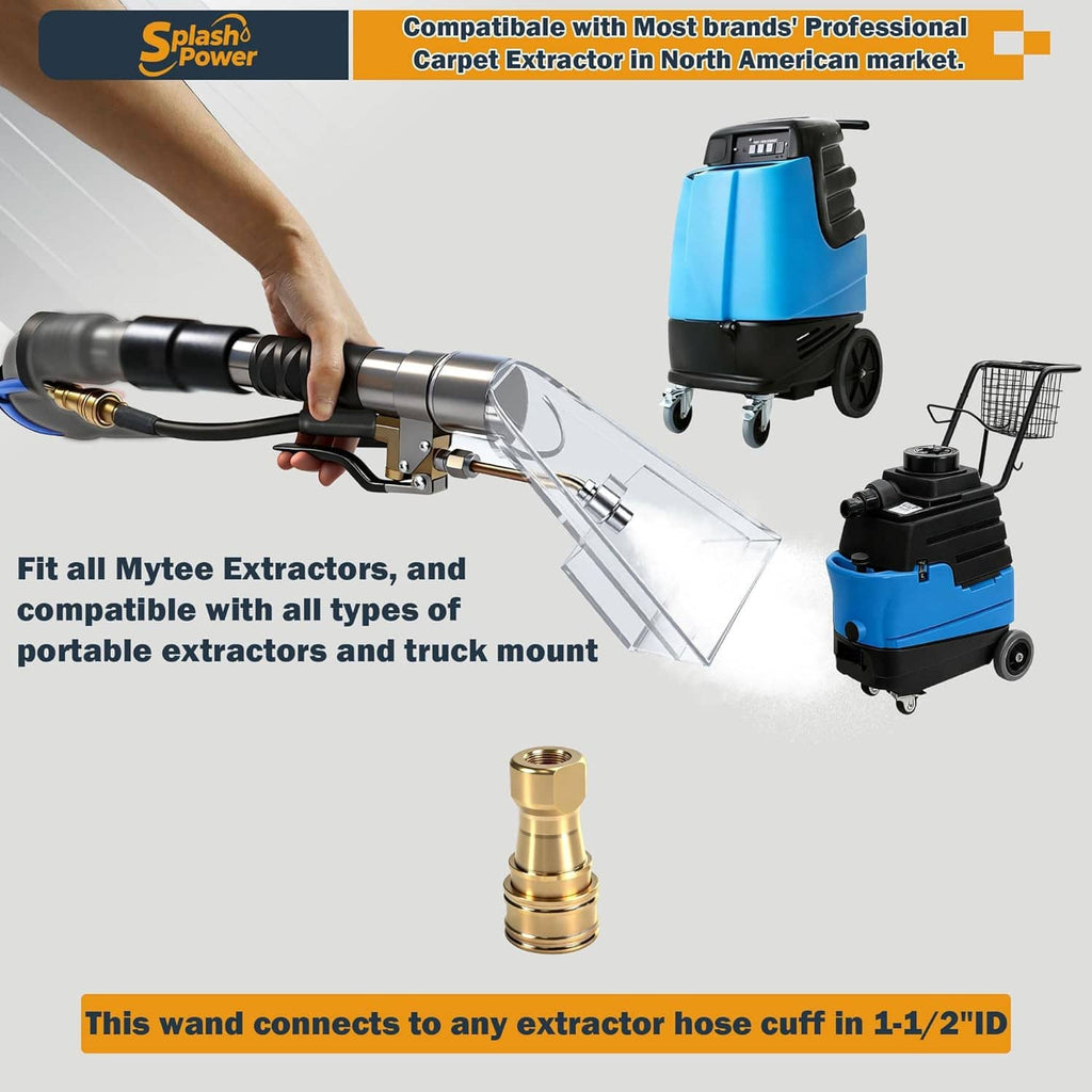 Carpet extractor wand with clear head shown with portable blue extractor unit and brass connector