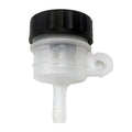Motorcycle brake fluid reservoir with black cap and white translucent body