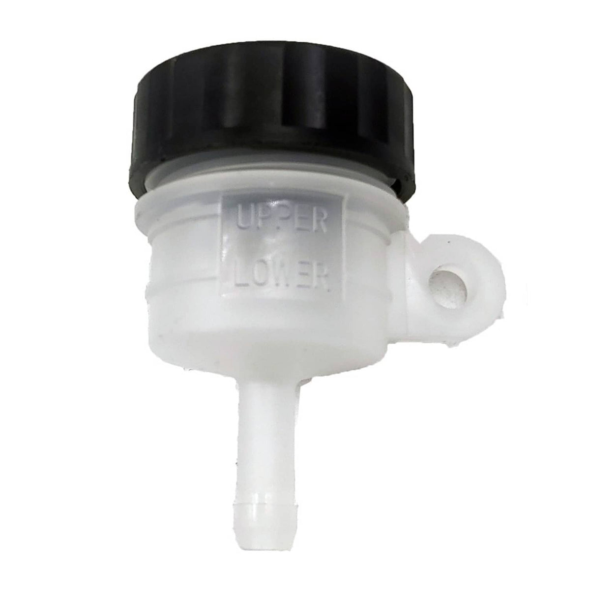 Motorcycle brake fluid reservoir with black cap and white translucent body