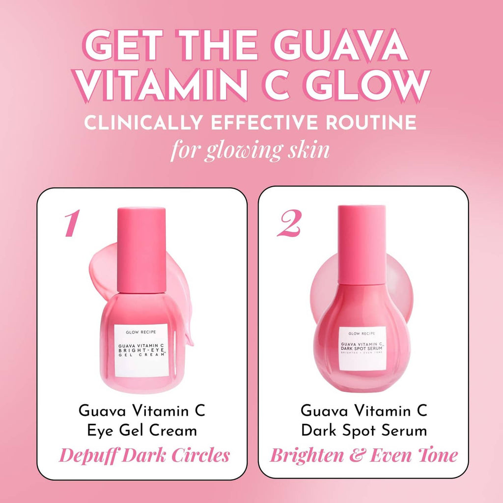 Two boxed guava vitamin C products: eye gel cream and dark spot serum
