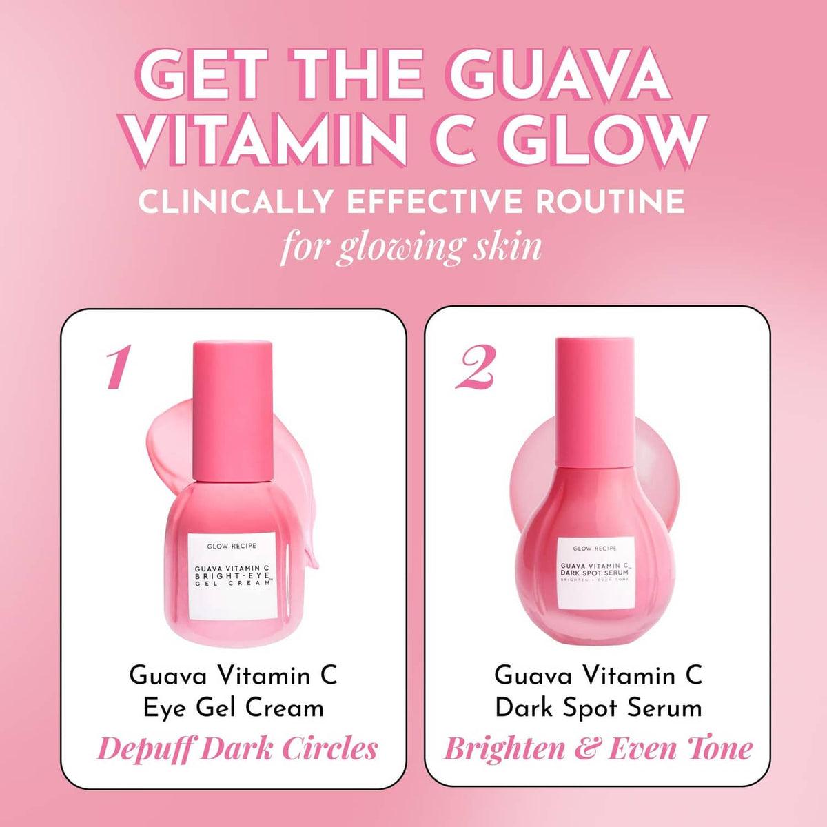 Two boxed guava vitamin C products: eye gel cream and dark spot serum