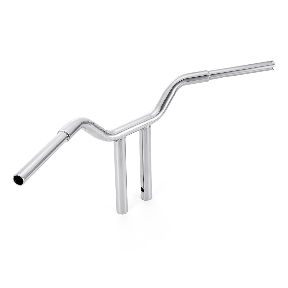 Chrome motorcycle handlebar with curved bends and end grip holes