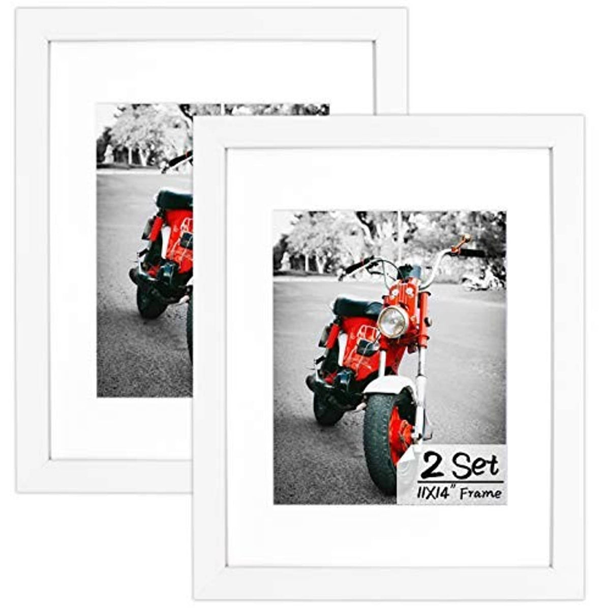 Set of 2 white wood photo frames with real glass, each with a red motorcycle photo