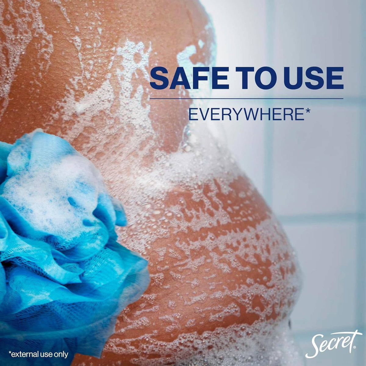 Deodorizing body wash lather on skin with safe to use everywhere graphic
