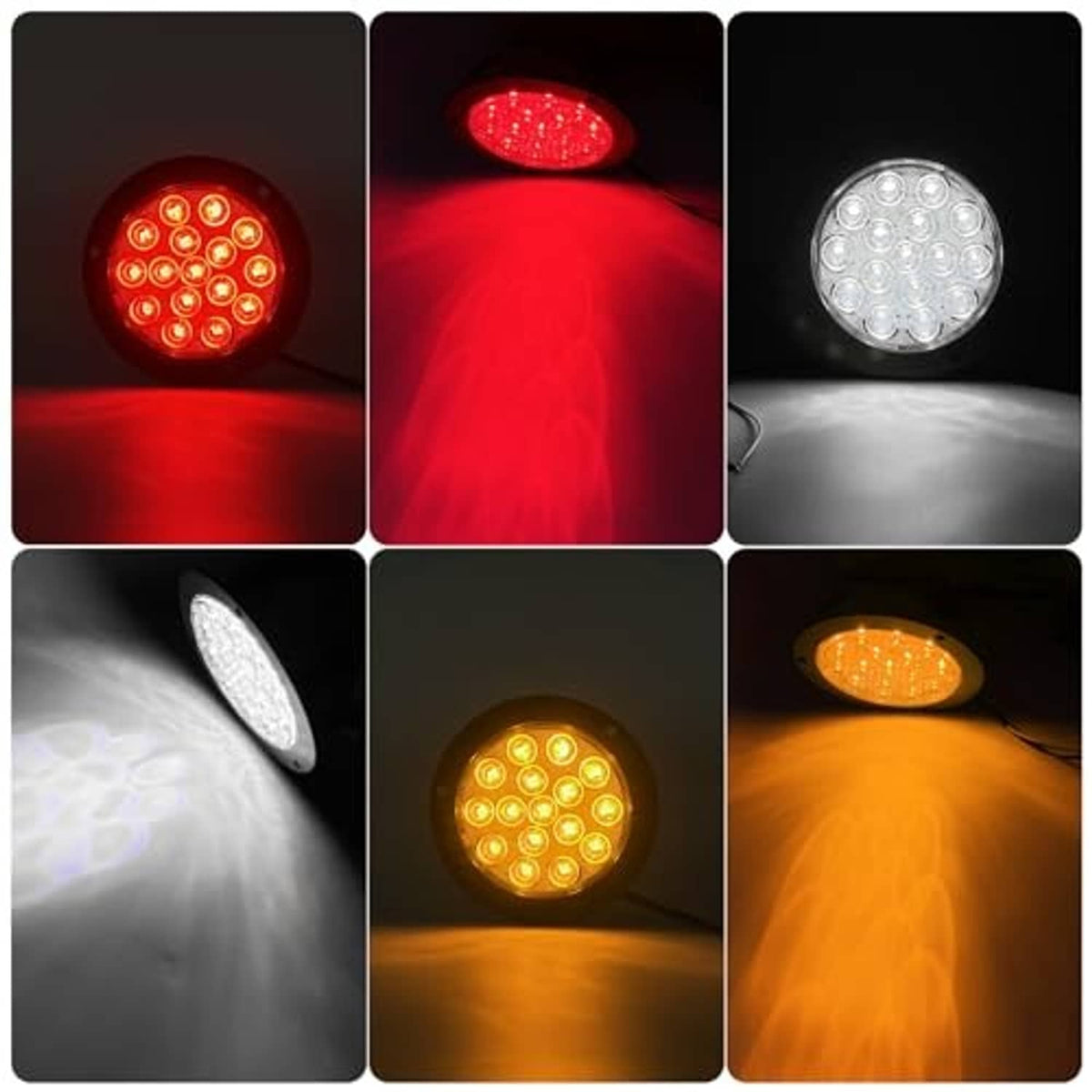 Round LED trailer tail light close-ups showing red, amber, and white illumination in black housings