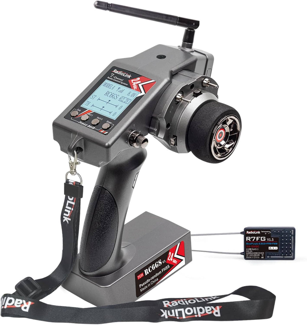 RC transmitter controller with antenna and grip; includes R7FG waterproof gyro receiver module