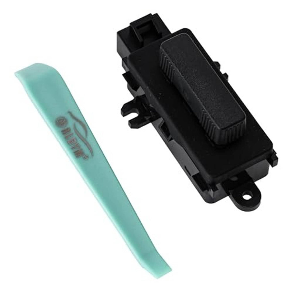 Black power seat adjustment switch with teal strip attachment, front-side view