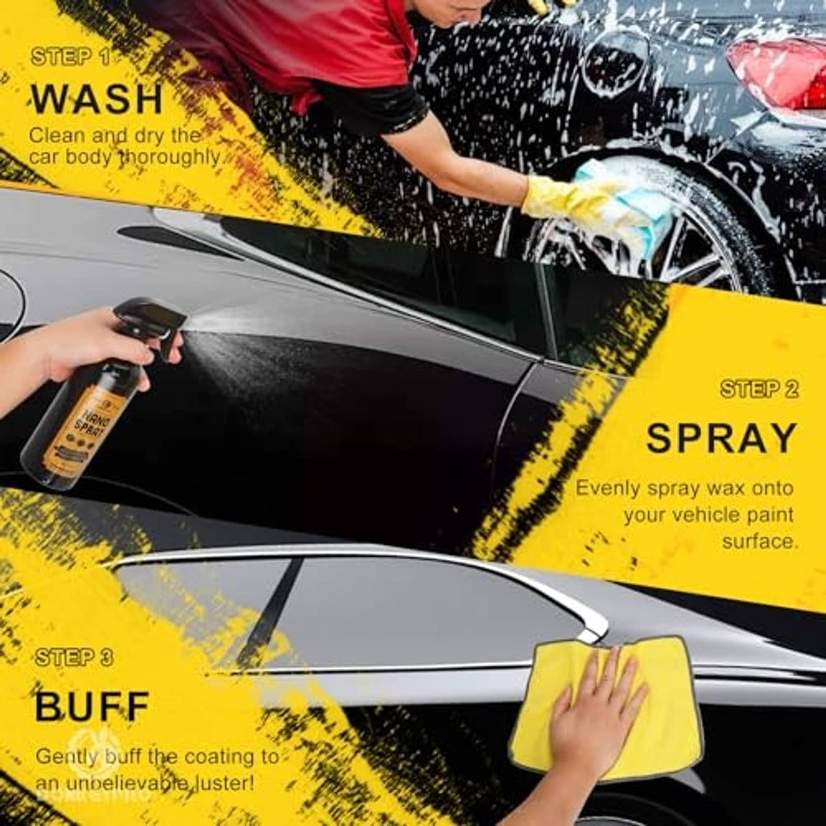Car detailing with spray application and microfiber buffing cloth on paint