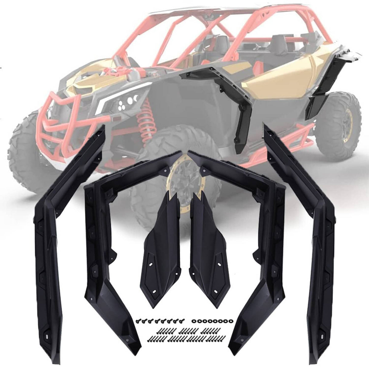 Black fender flare kit installed on UTV side with multiple side panels