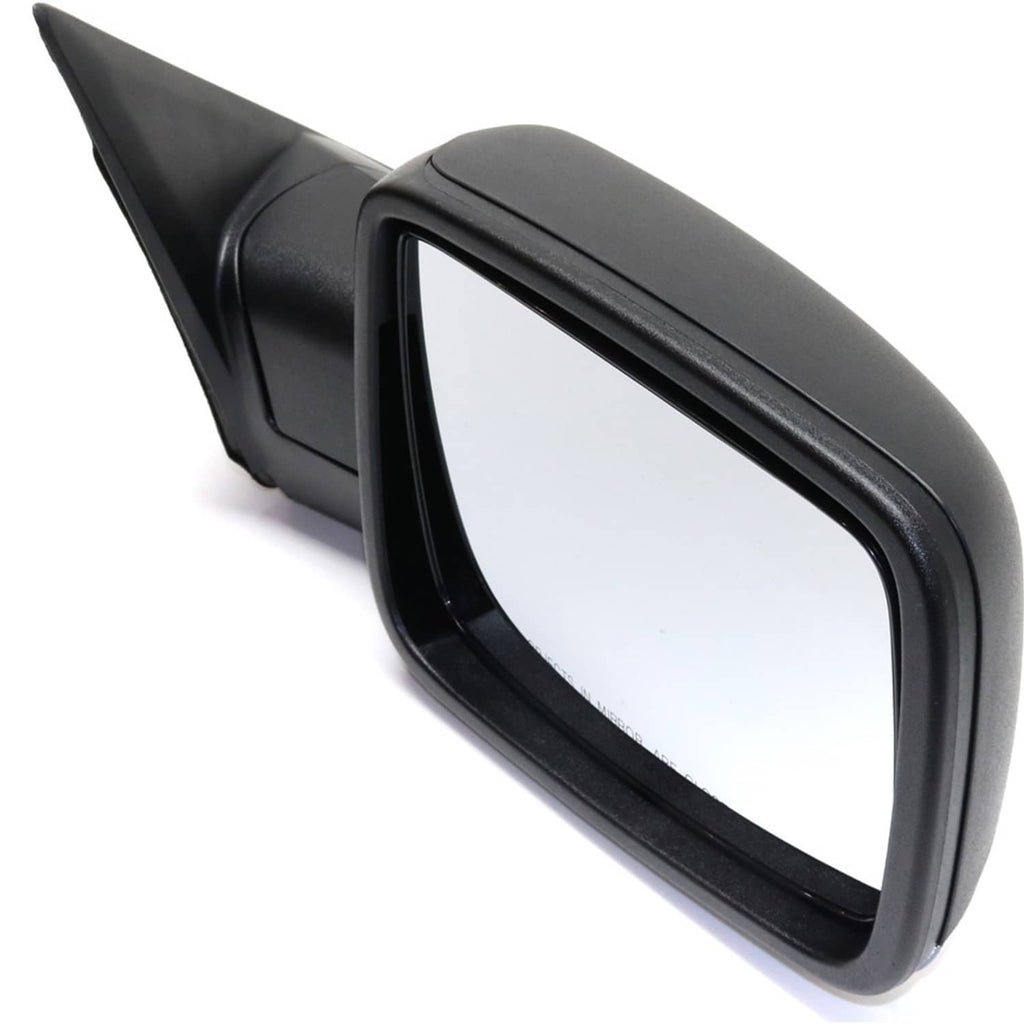 Black power-fold side mirror close-up with clear reflective glass
