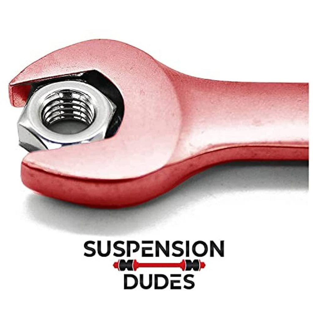 Suspension control arm end with threaded joint and nut, red boot detail