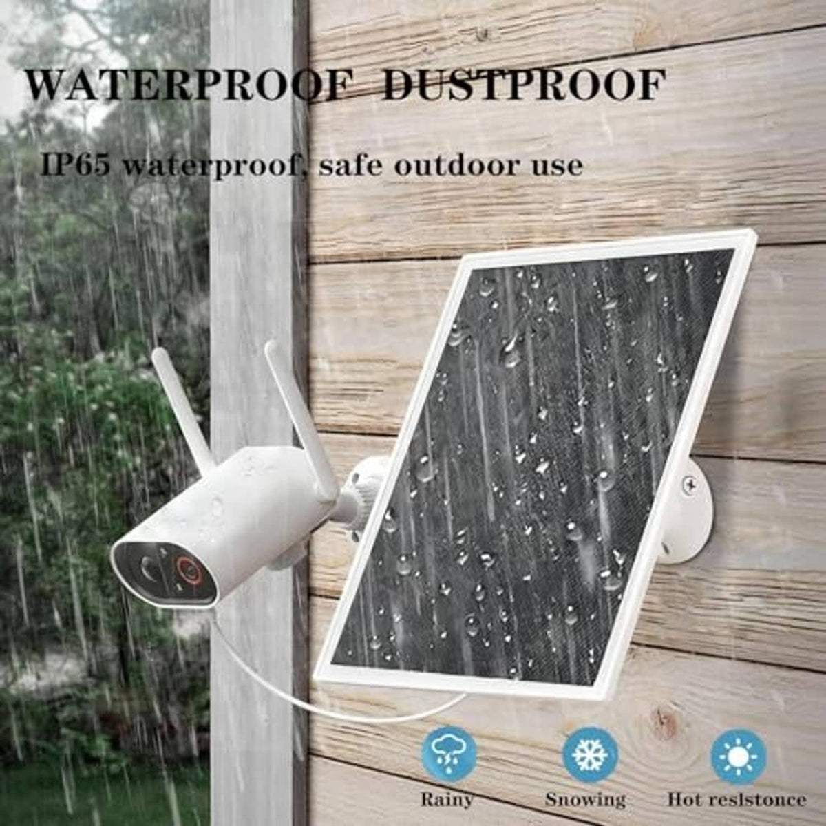 Weatherproof solar panel with outdoor camera mount on wood fence, rain droplets