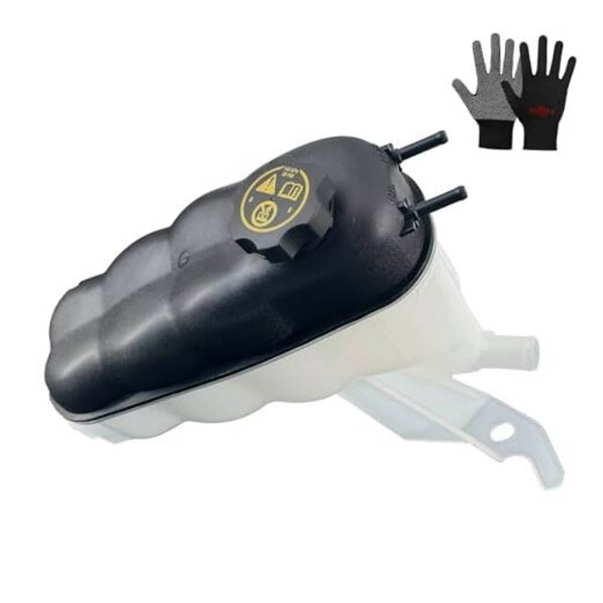 Coolant expansion tank with cap and sensor port, black top and light body, mount tab