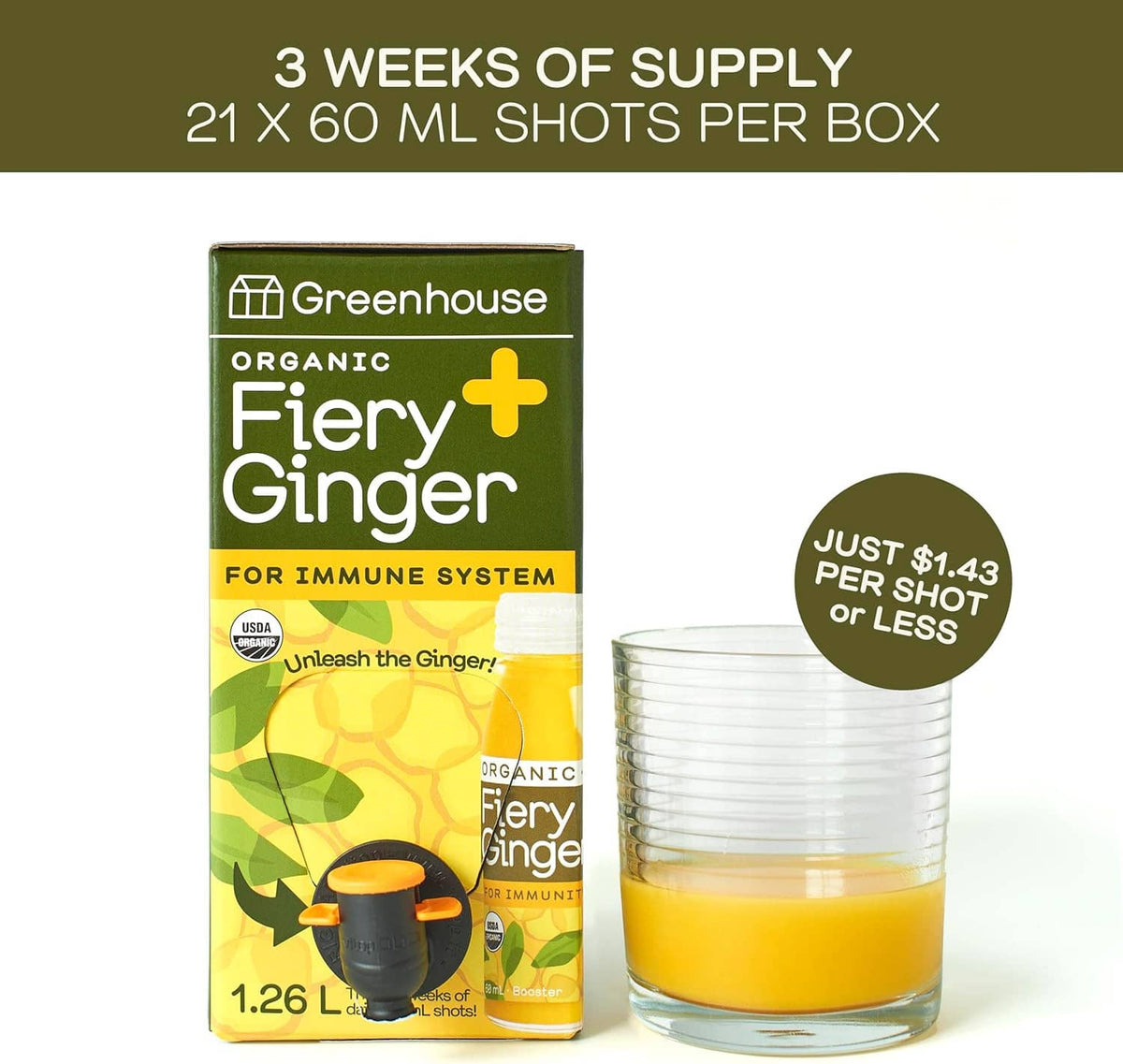 Organic fiery ginger immunity shot box with shot glass and 3 weeks of supply panel