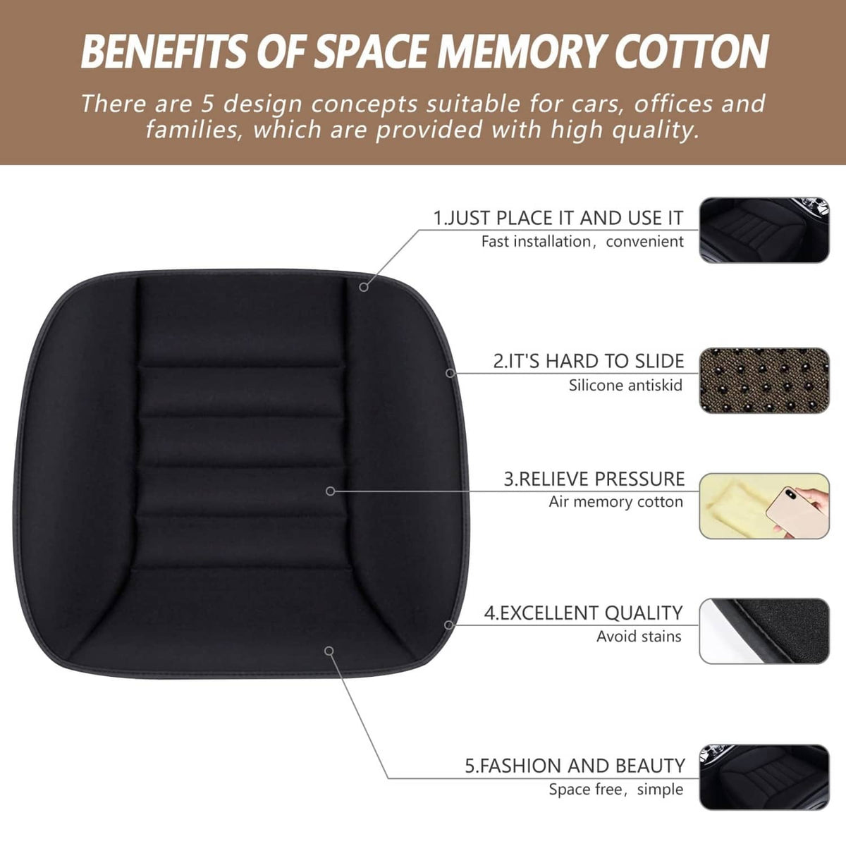 Black memory foam seat cushion with quilted channels and rounded rectangular shape