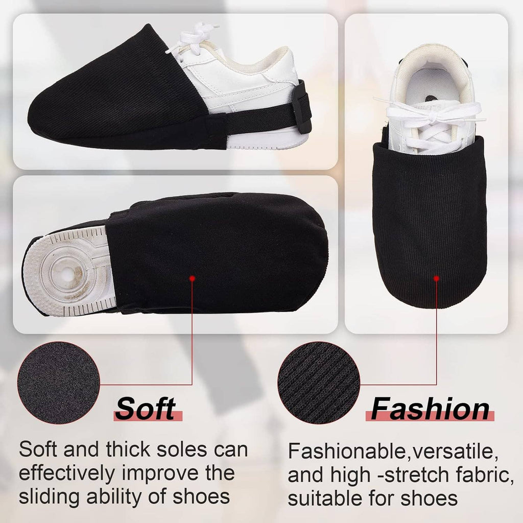 Black bowling shoe slider sock covers with elastic strap on a white sneaker