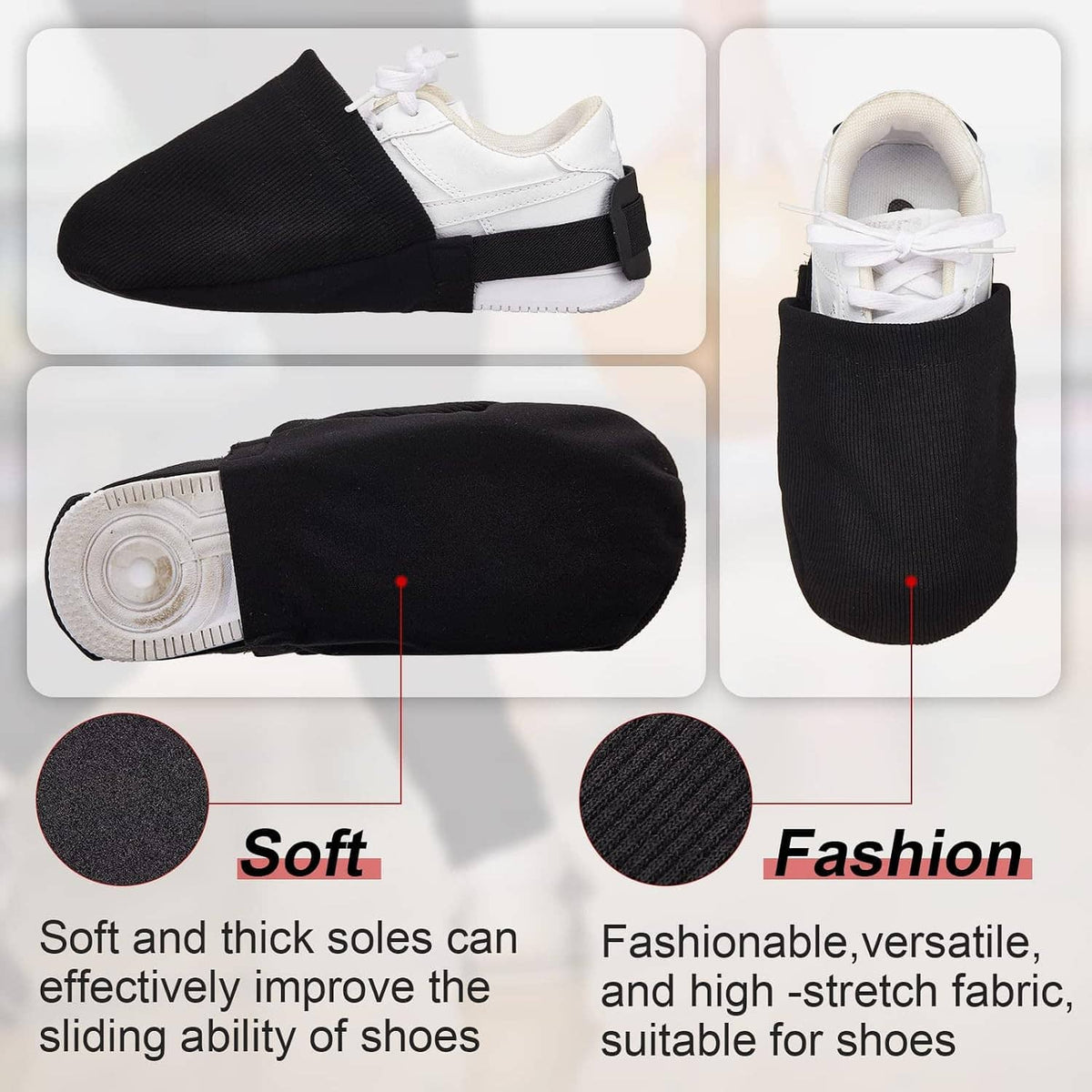 Black bowling shoe slider sock covers with elastic strap on a white sneaker