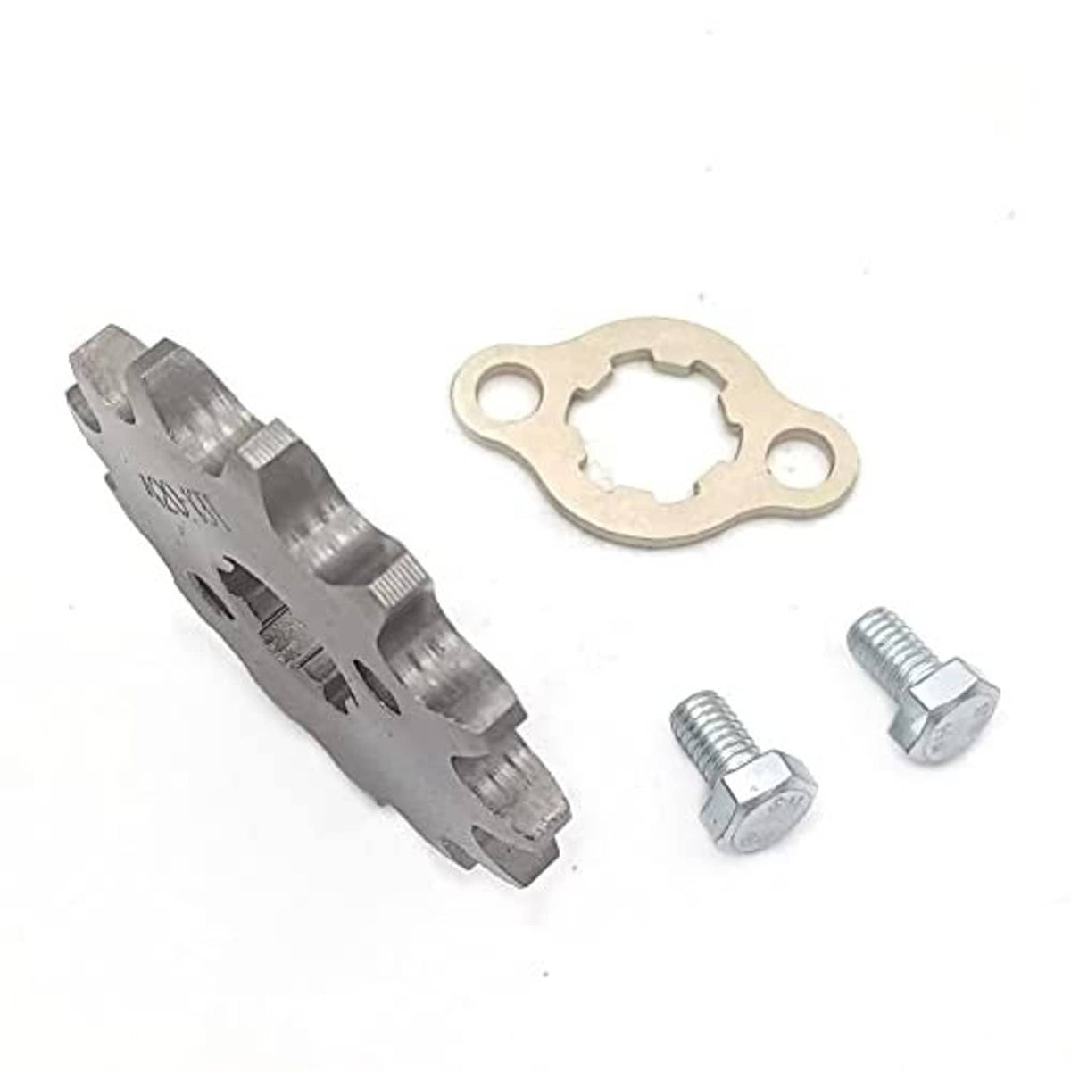 Front engine sprocket set with large steel gear, mounting plate, and two hex bolts