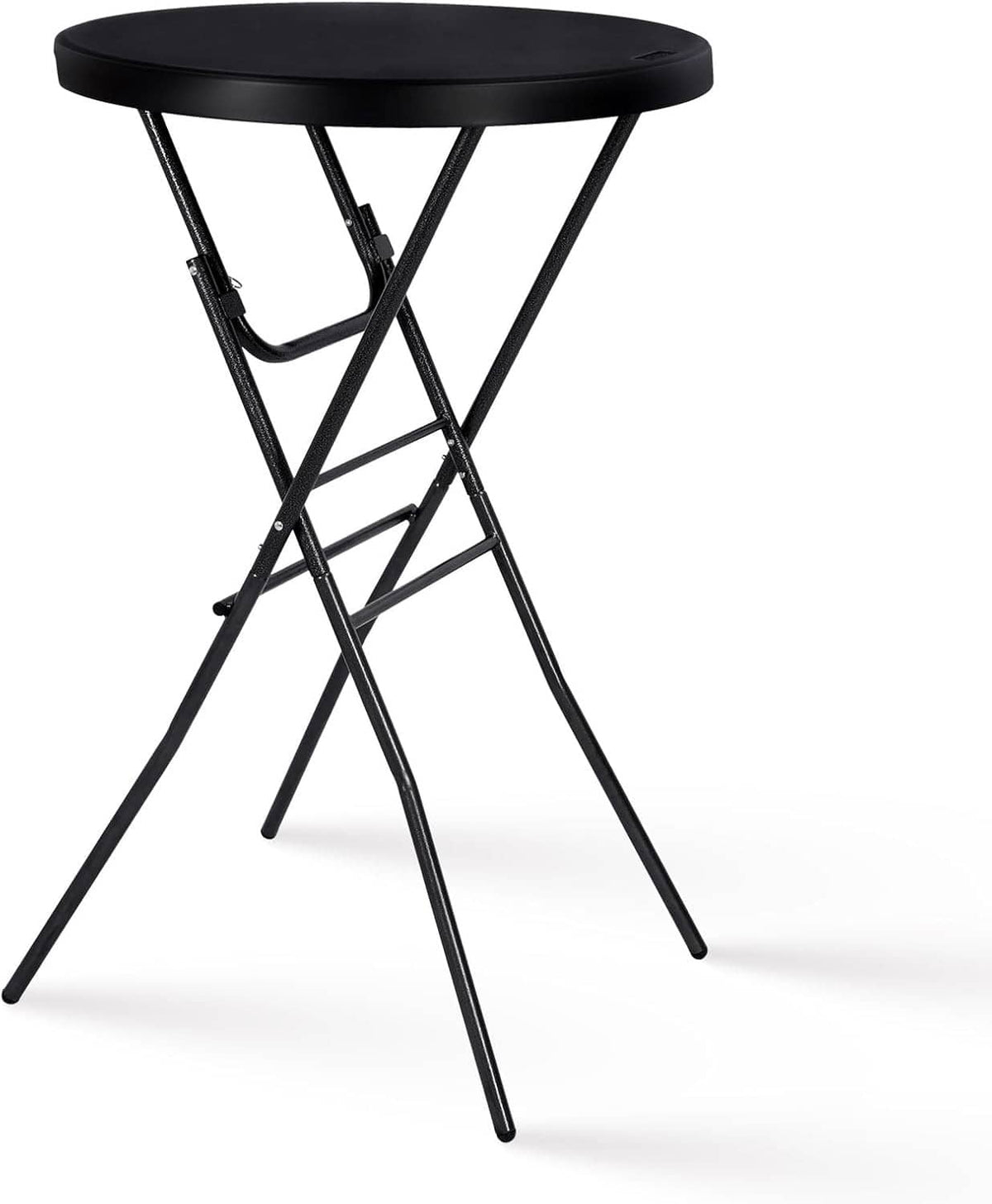 Round black folding high-top cocktail table with plastic top and X-frame legs