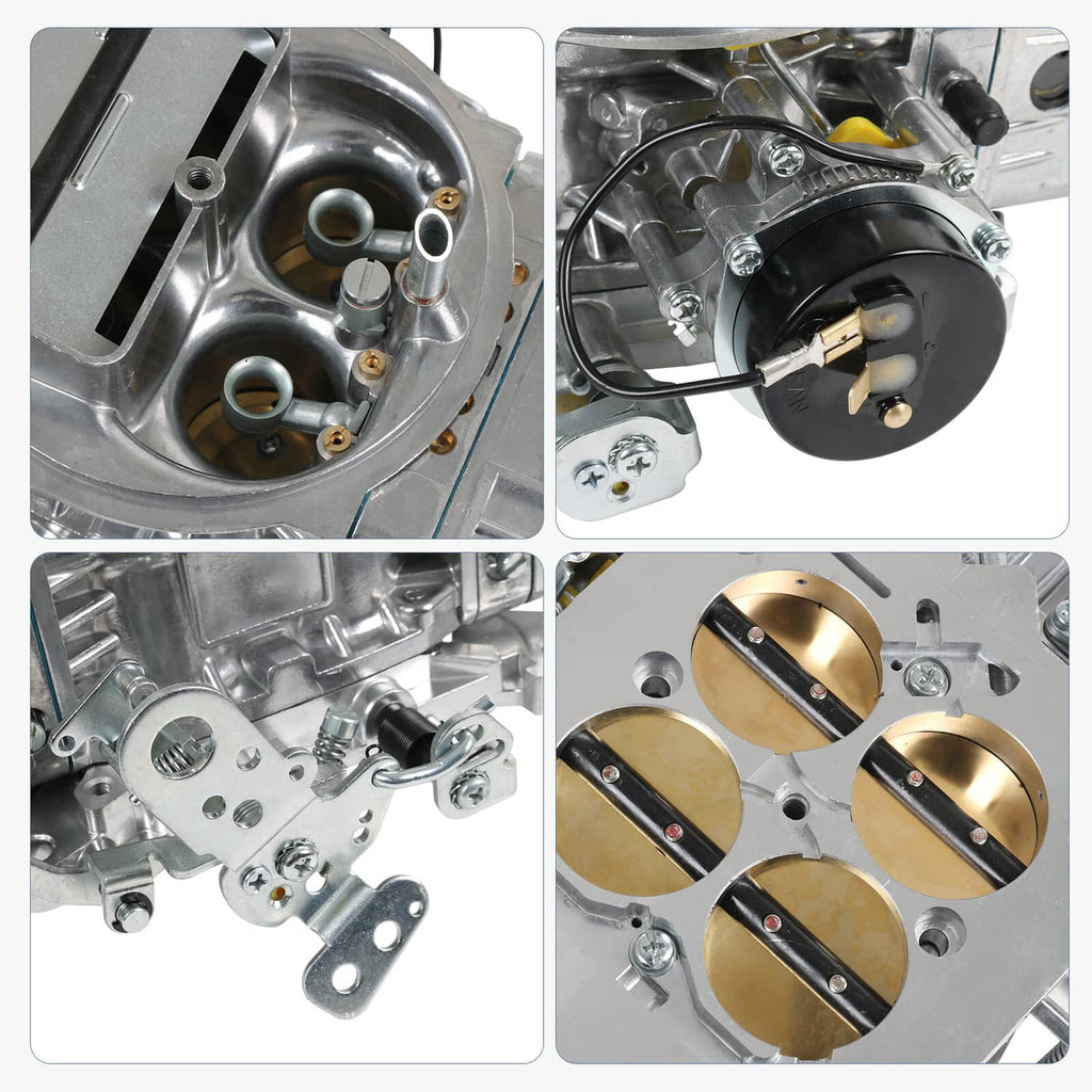 Close-up details of 4-barrel carburetor choke housing and gold throttle bores