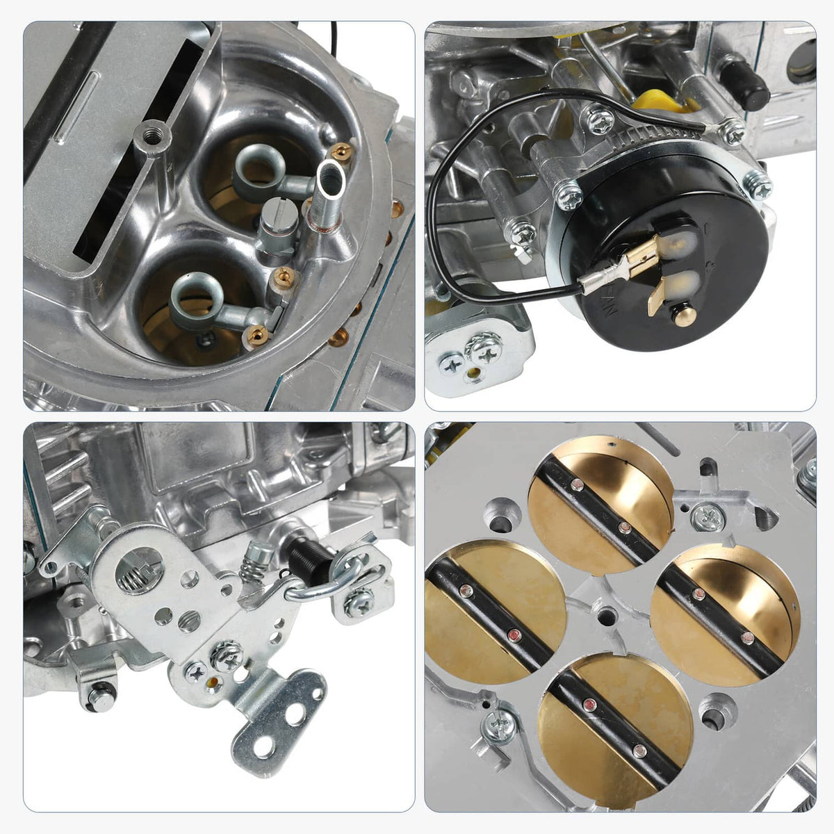 Close-up details of 4-barrel carburetor choke housing and gold throttle bores