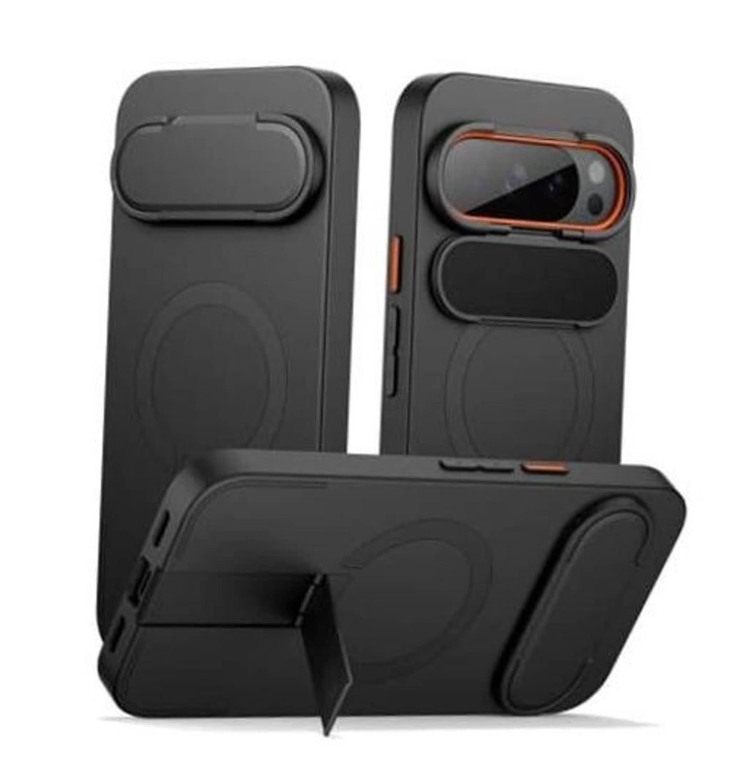 Black Pixel 10/10 Pro case with foldable camera cover and orange edge accents