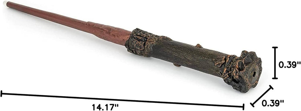 Illuminating wand with brown shaft and carved dark grip; size measurements shown