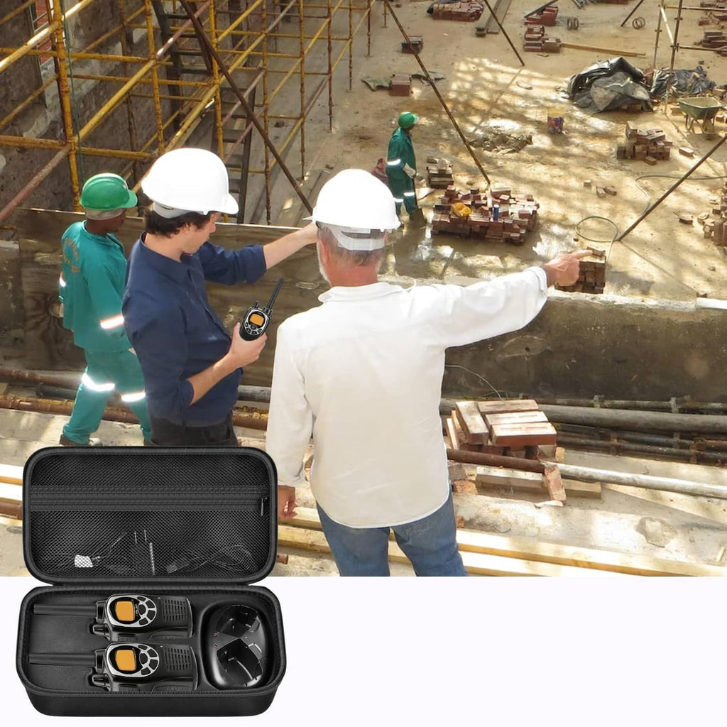 Black hard EVA walkie talkie case shown with two radios in molded tray