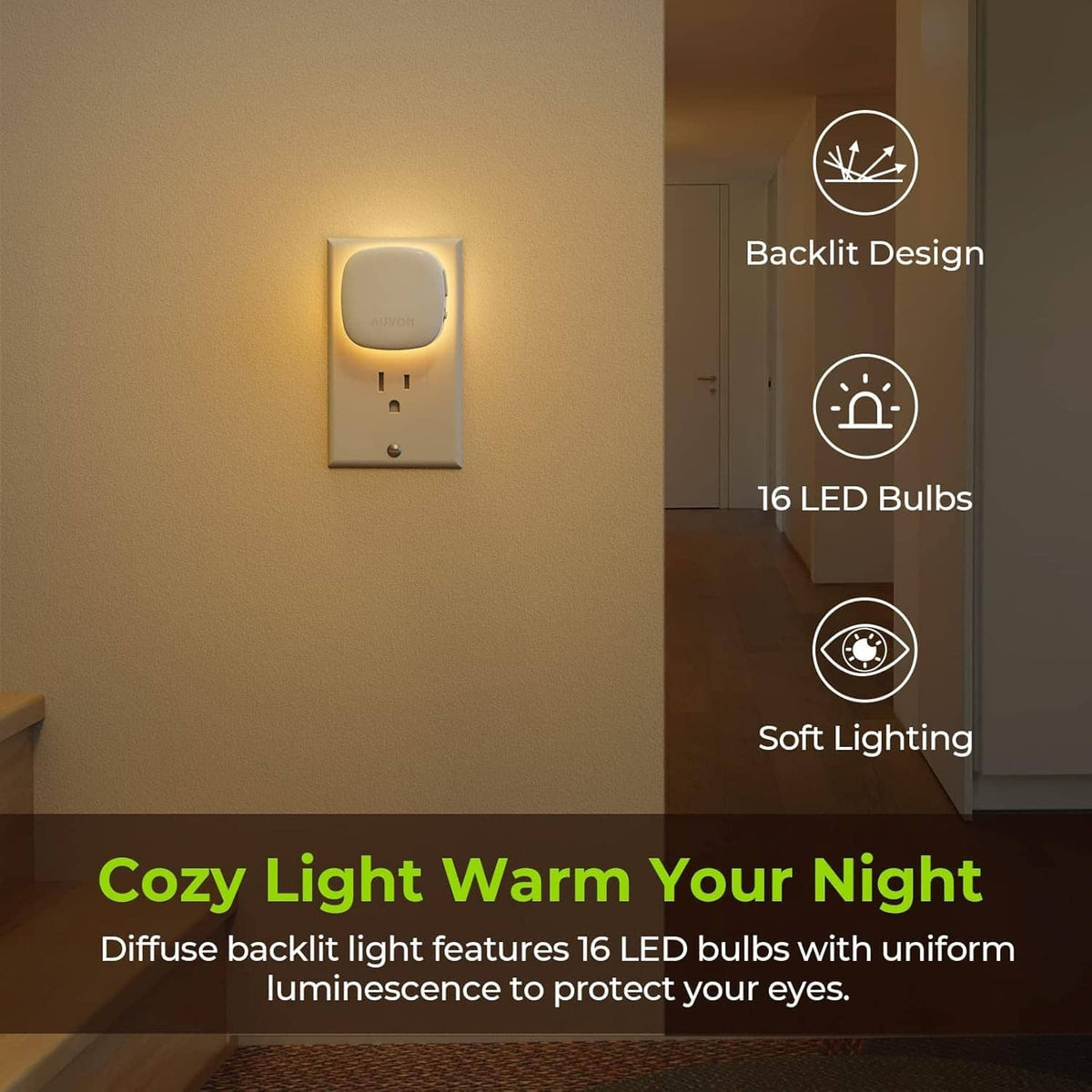 Plug-in LED night light with warm white glow in wall outlet