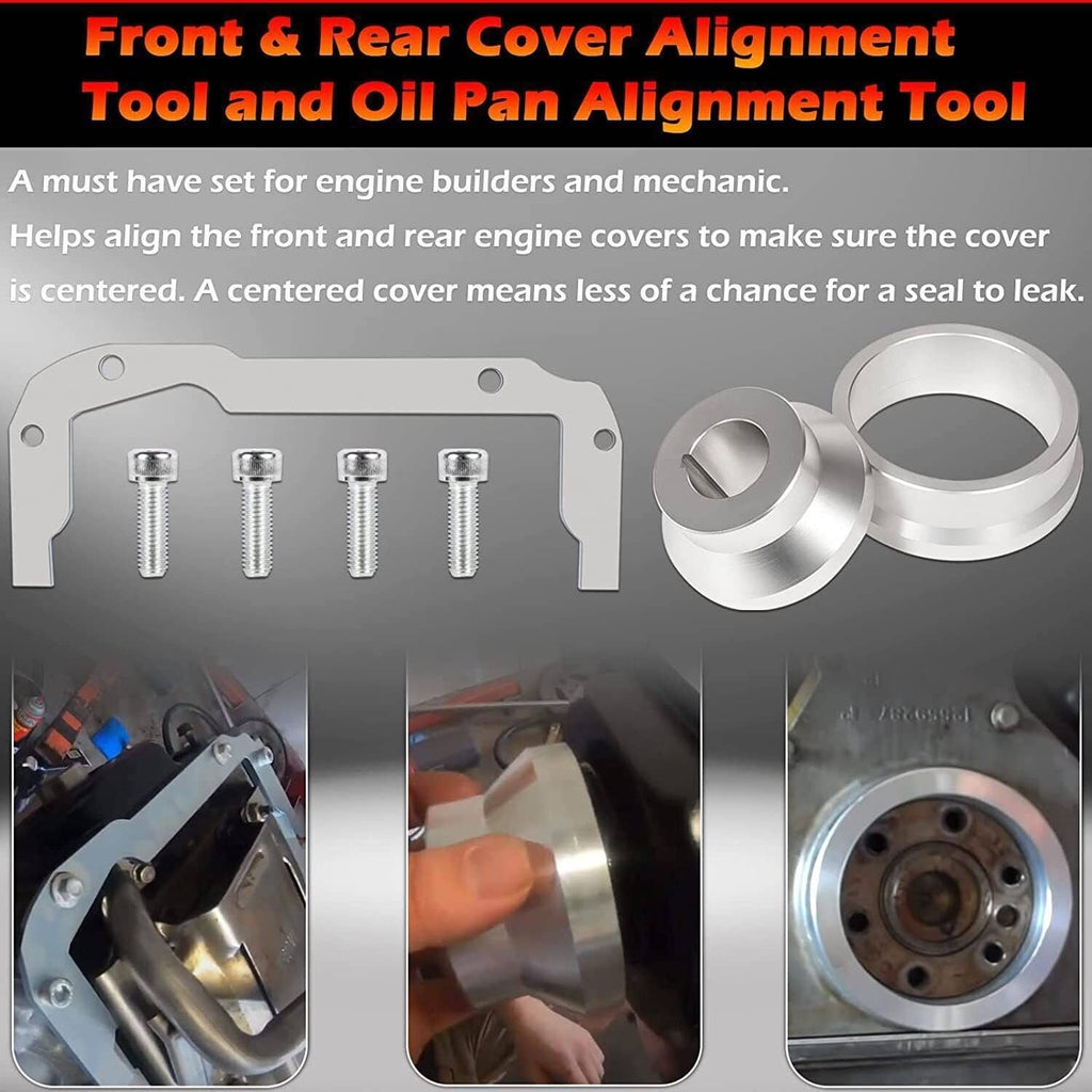 Front and rear cover alignment tool set with metal plate, bolts, and two alignment rings