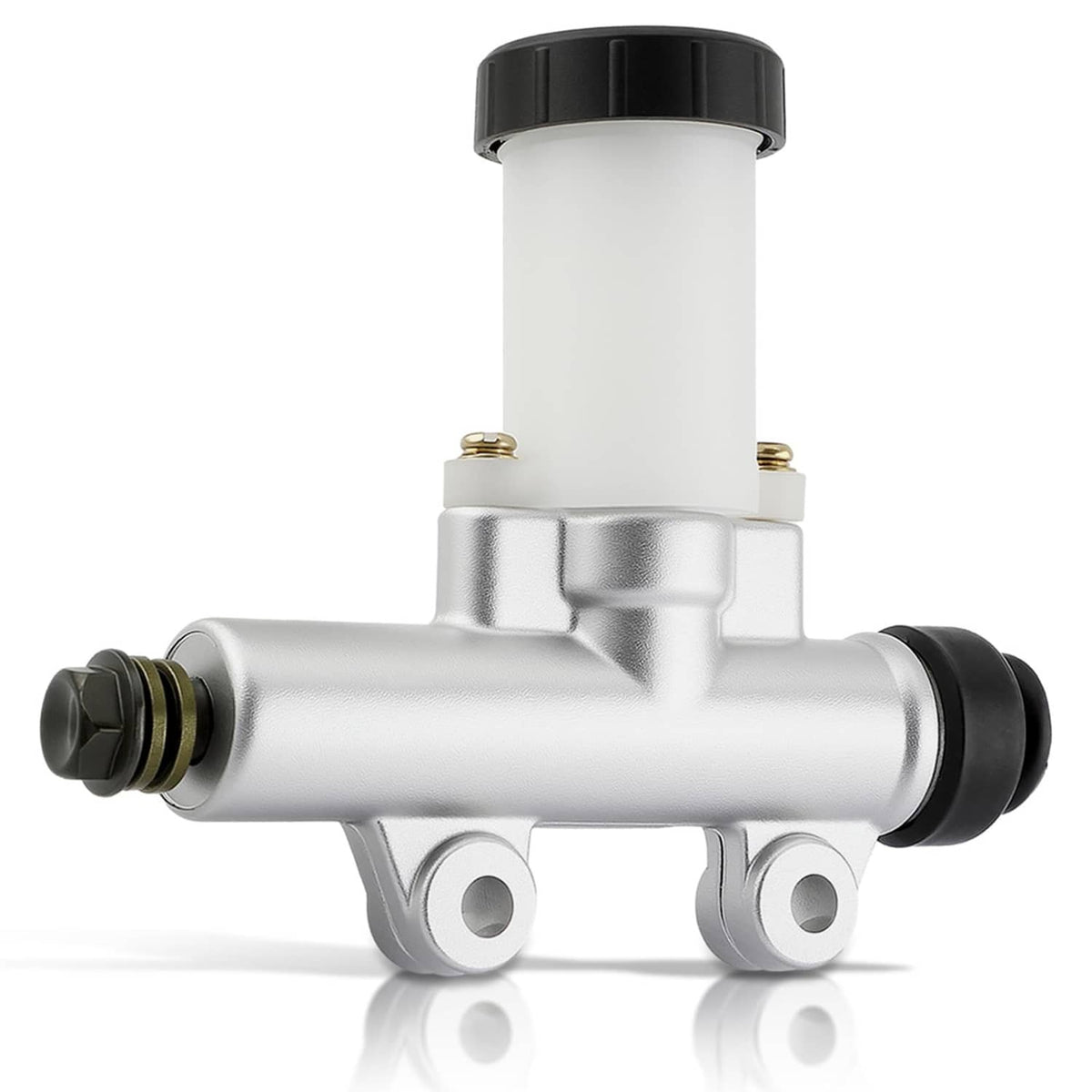 Silver go-kart brake master cylinder with white reservoir and black cap