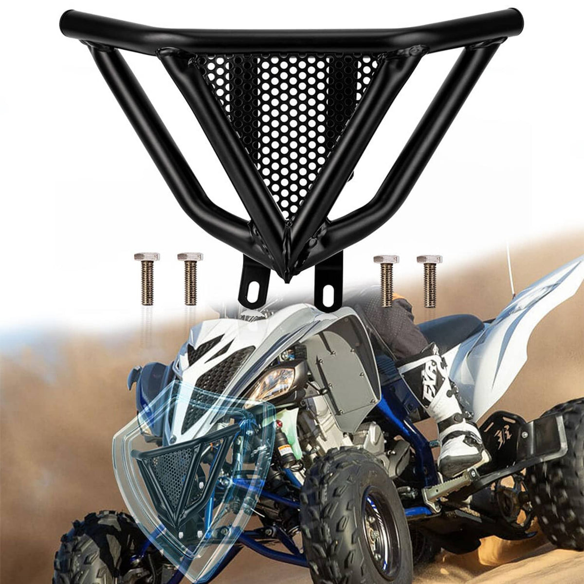 Black ATV front bumper guard with perforated mesh panel and included mounting bolts