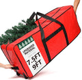 Red Christmas tree storage bag with black straps and carrying handles, includes wheels