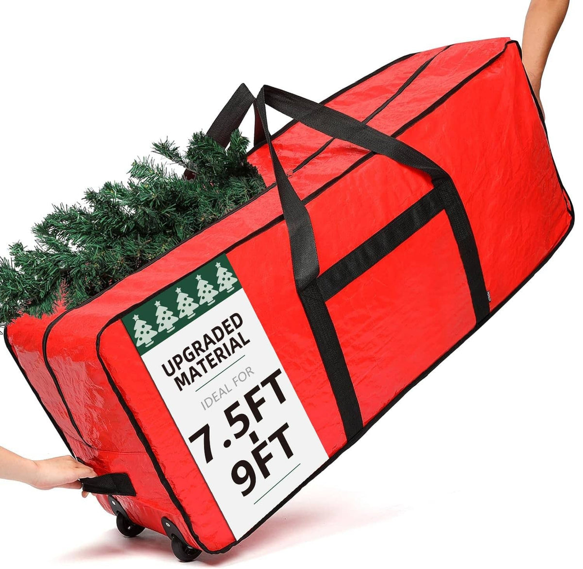 Red Christmas tree storage bag with black straps and carrying handles, includes wheels