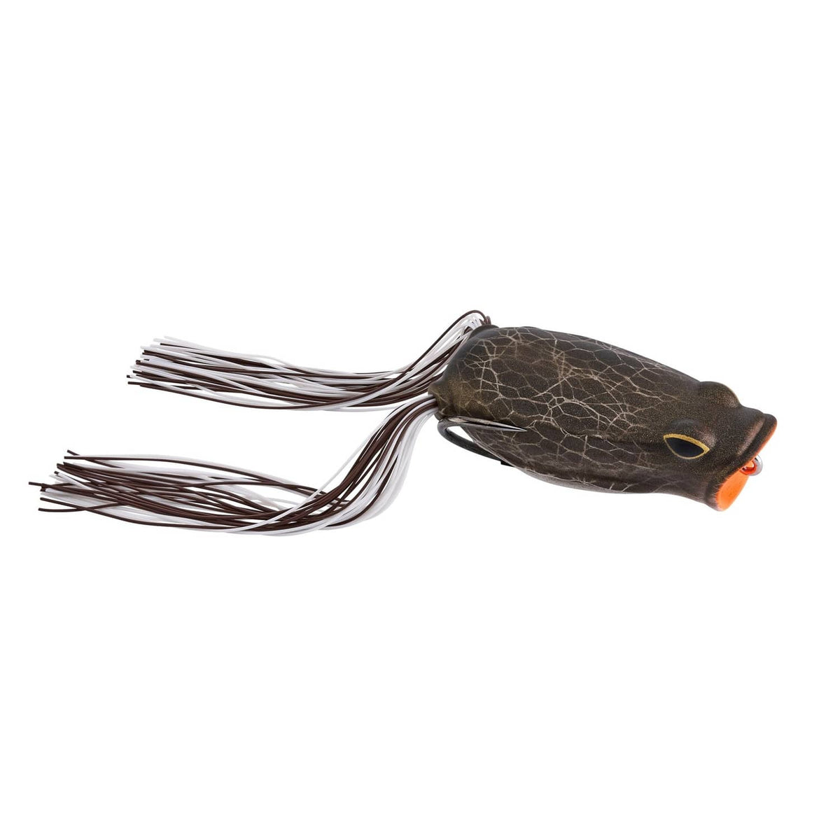 Dark frog popping fishing lure with split skirt and orange mouth detail