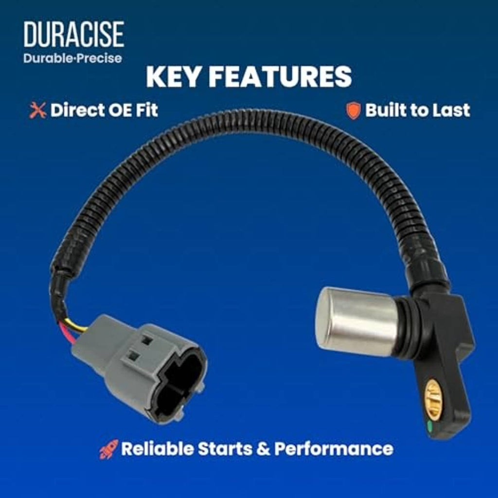 Crankshaft position sensor with black wiring, gray connector plug, silver sensor housing