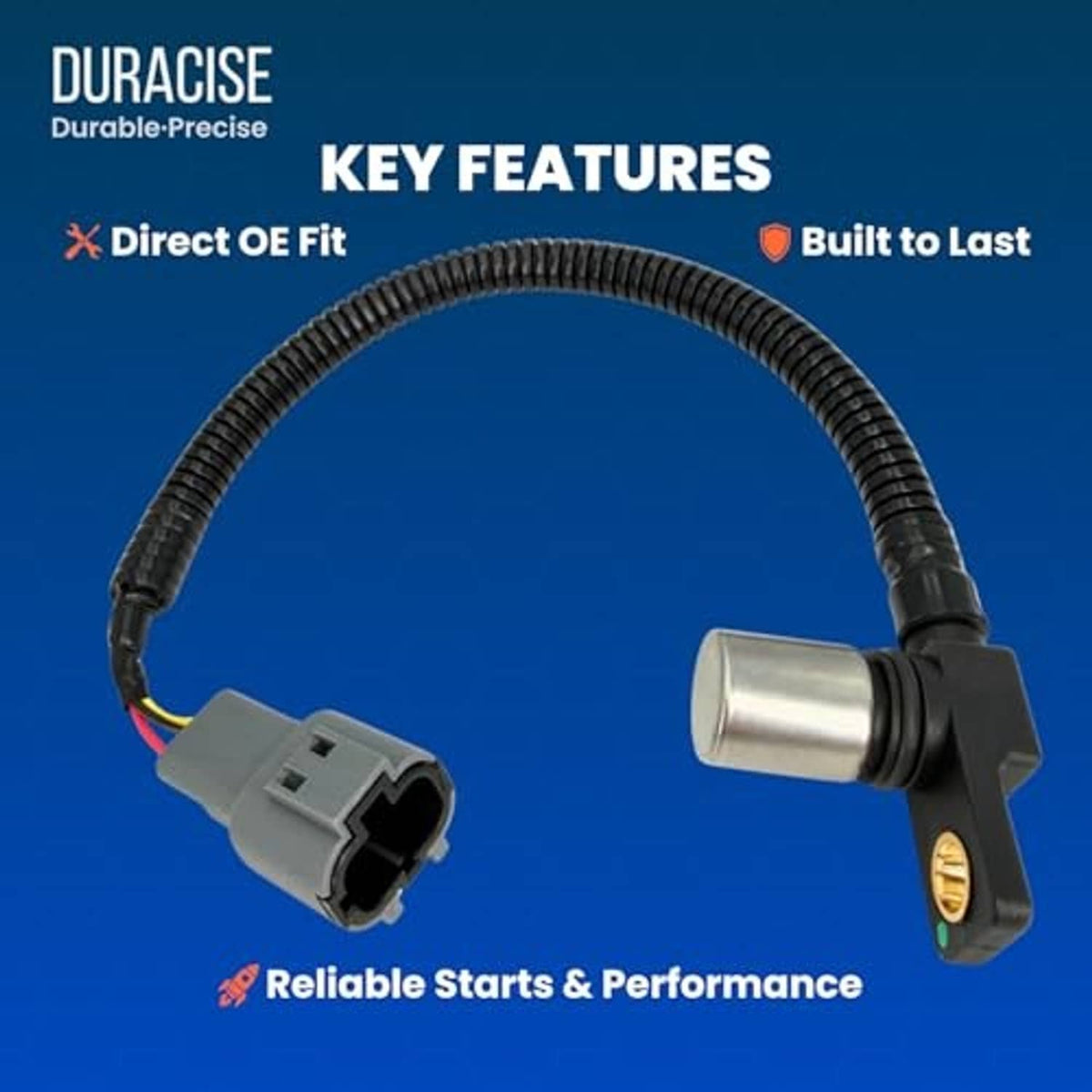 Crankshaft position sensor with black wiring, gray connector plug, silver sensor housing