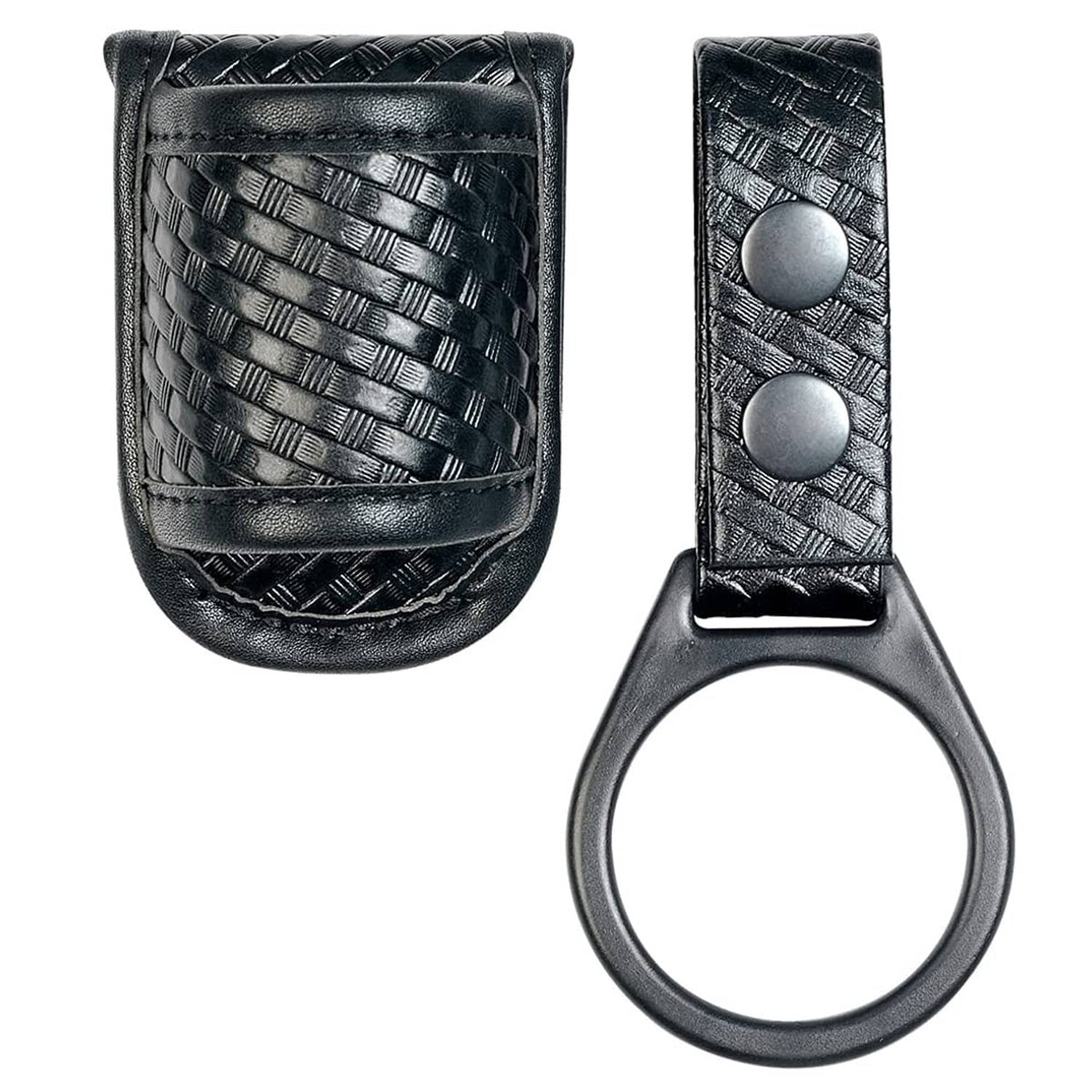 Black basketweave flashlight holder with snap button and round keyring loop