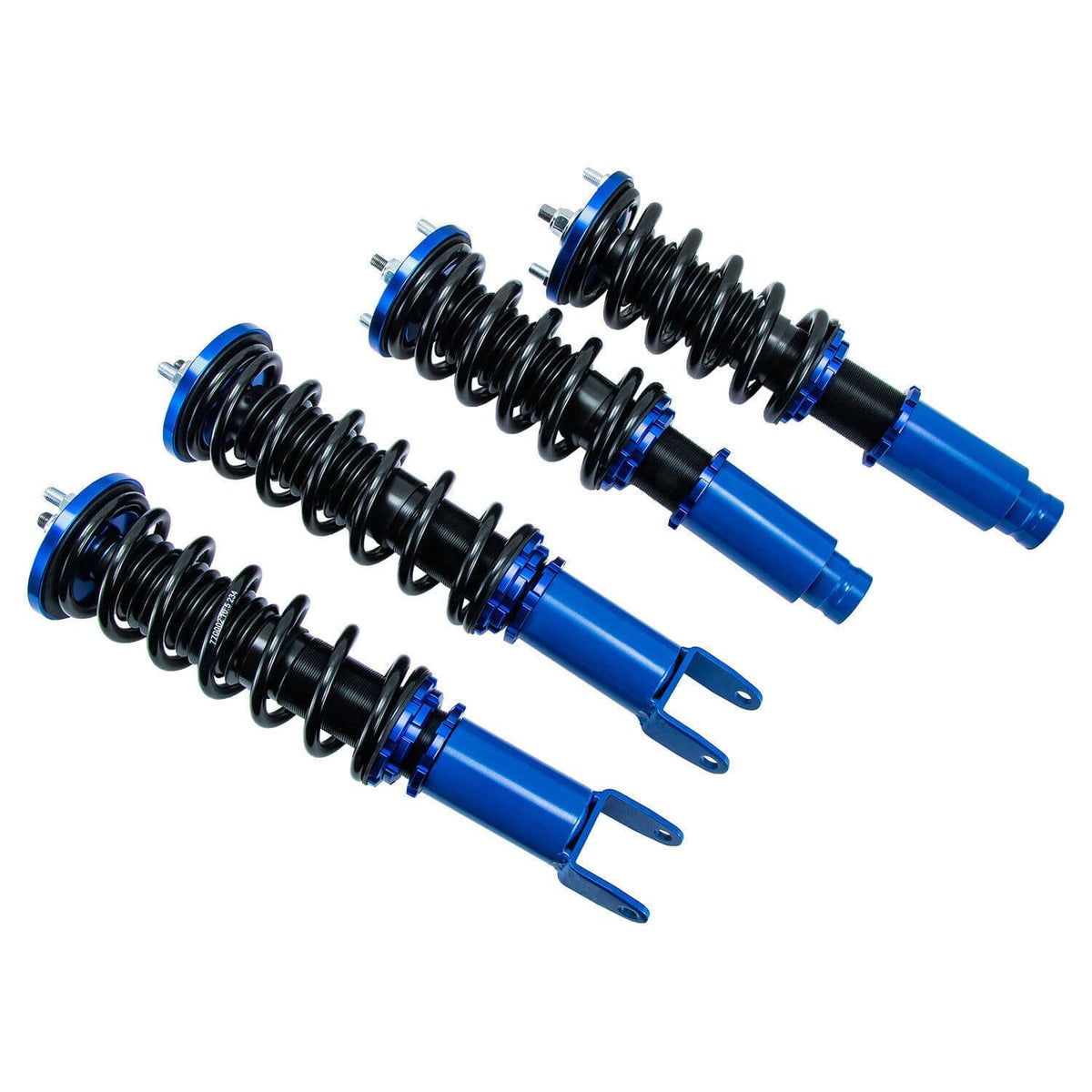 Four-piece coilover strut set with blue shock bodies and black coil springs