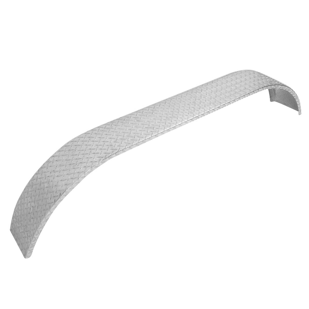 Silver teardrop trailer fender with diamond tread pattern and curved ends