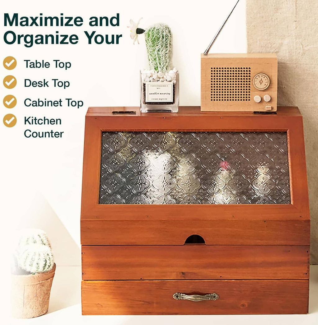Brown wooden desktop organizer with etched floral glass front and drawer
