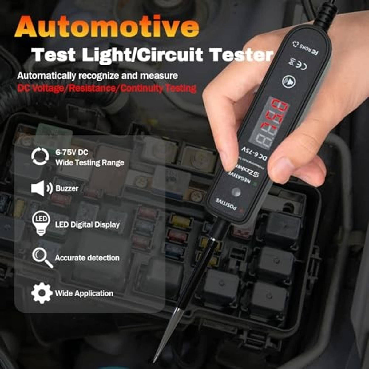 Hand holding black DC voltage tester with LED readout and pointed probe tip